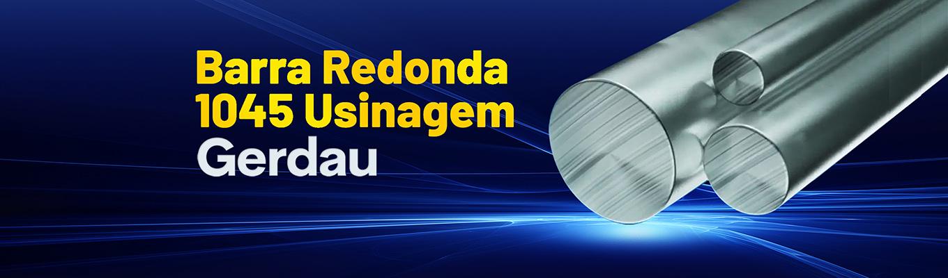 Imagem com fundo azul mostrando três barras redondas metálicas à direita. À esquerda, texto em amarelo e branco: 'Barra Redonda 1045 Usinagem Gerdau'.