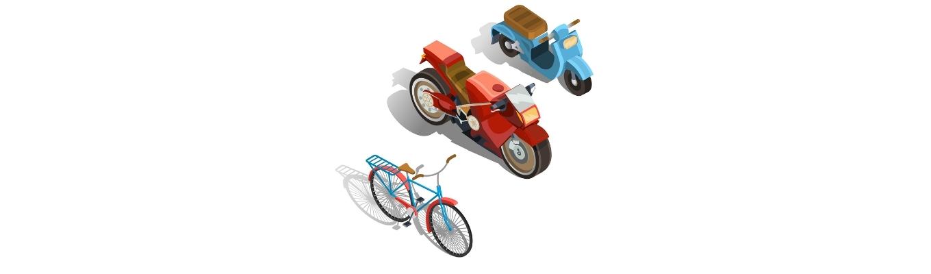 Imagem com três veículos de duas rodas: uma bicicleta azul com cesta traseira, uma motocicleta vermelha de design quadrado e uma scooter azul com assento marrom.