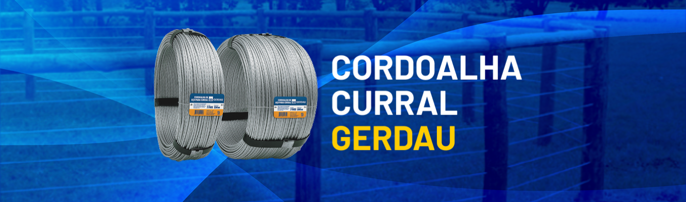 Dois rolos de cordoalha de aço Gerdau sobre fundo azul, com cercas de curral ao fundo e texto ‘Cordoalha Curral Gerdau’ em destaque.