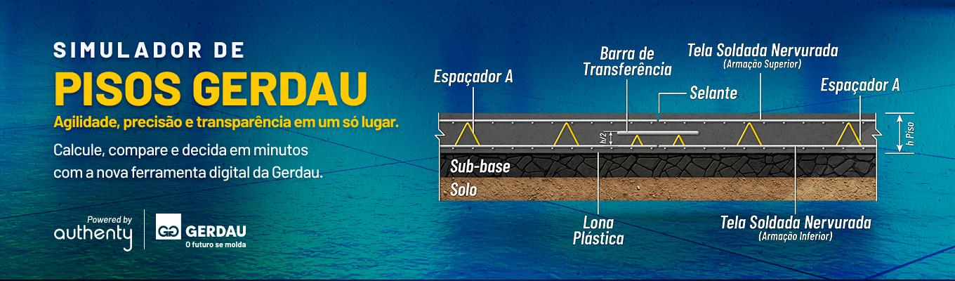Banner do simulador de pisos Gerdau com ilustração em corte mostrando camadas do piso: solo, sub-base, lona plástica, telas soldadas nervuradas, espaçadores, barra de transferência e selante.