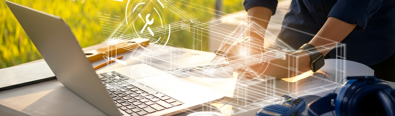 Pessoa trabalhando em projeto digital sobre mesa com notebook aberto, papéis e ferramentas de engenharia, com ícones tecnológicos sobrepostos e campo verde ao fundo.