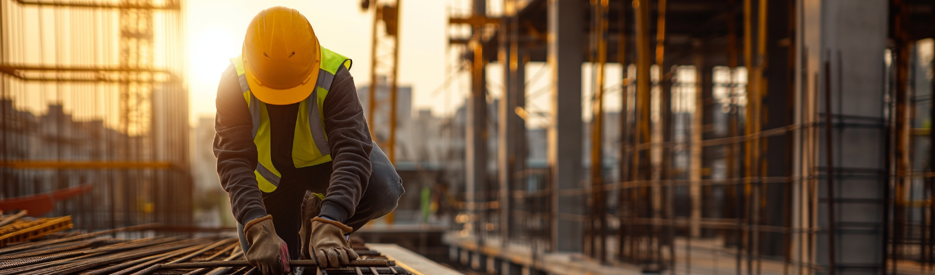 Trabalhador de construção ajustando vergalhões sobre uma laje, com capacete e colete de segurança, ao pôr do sol.