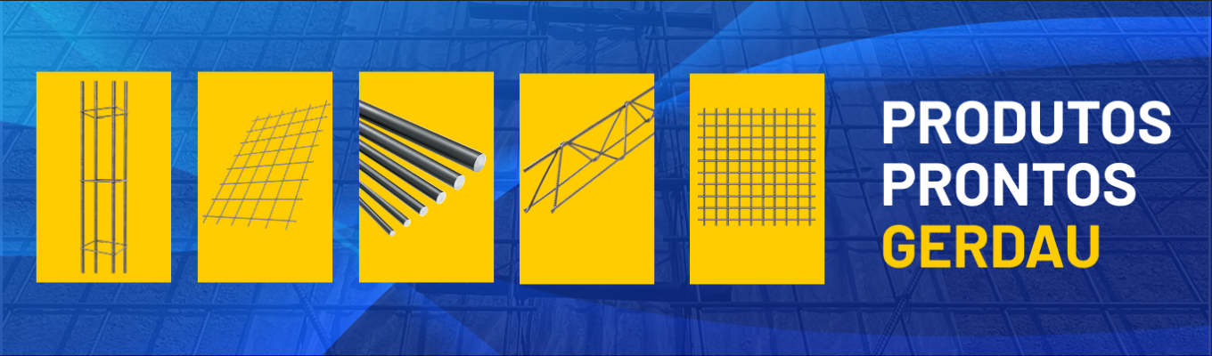 Banner com fundo azul mostrando cinco produtos de construção em destaque sobre fundos amarelos: coluna pronta, tela soldada, barras de aço, treliça e tela soldada nervurada. À direita, o texto ‘Produtos Prontos Gerdau’.