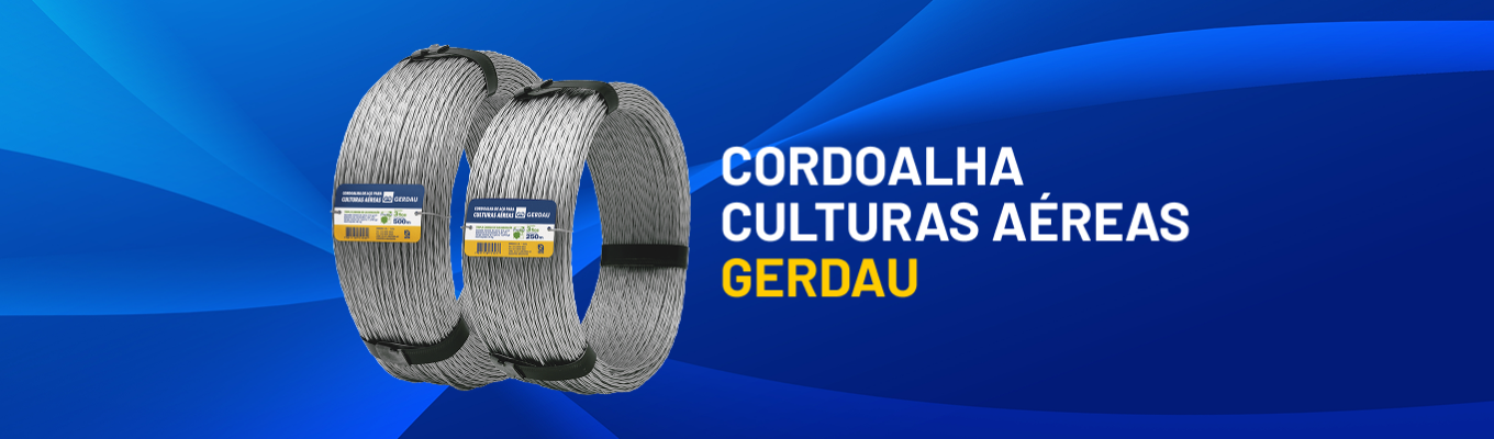Banner com fundo azul mostrando duas Cordoalhas de aço e o texto ‘Cordoalha Culturas Aéreas Gerdau’.