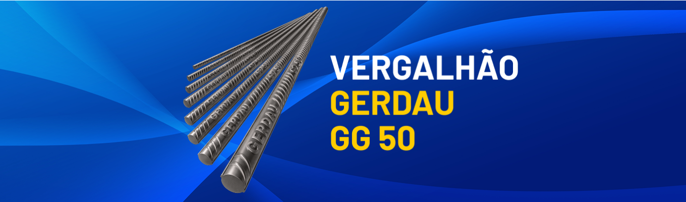 Vergalhões de aço Gerdau GG 50 alinhados em perspectiva sobre fundo azul.
