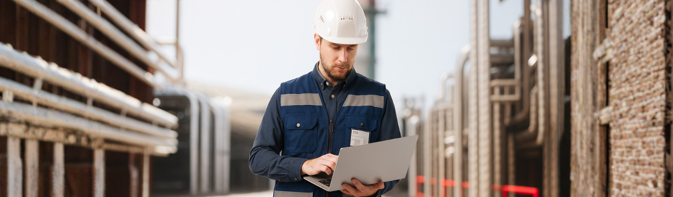 Profissional em ambiente industrial usando capacete e colete azul escuro, operando um notebook entre estruturas metálicas.