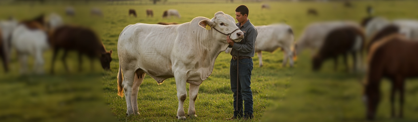 Produtor rural conduzindo um bovino em área de pastagem.