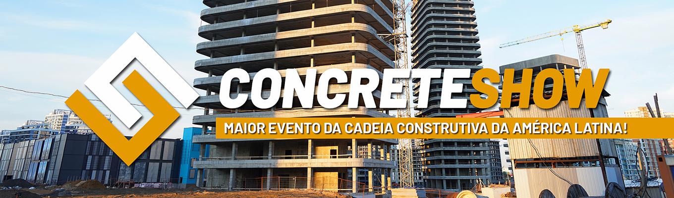 Banner da Concrete Show com edifícios em construção, guindastes e destaque para o maior evento da cadeia construtiva da América Latina.