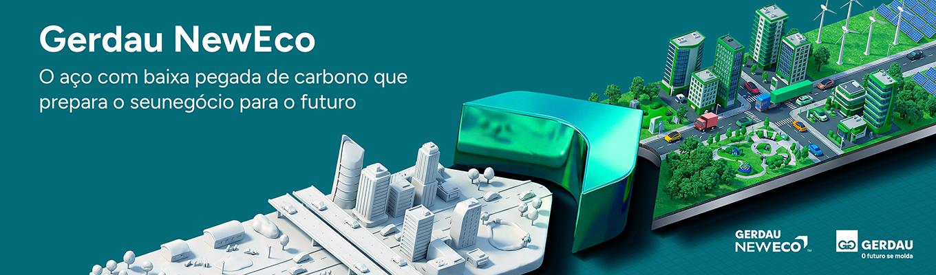 Banner da Gerdau NewEco com representação de cidade sustentável, edifícios, energia renovável e aço com baixa pegada de carbono.