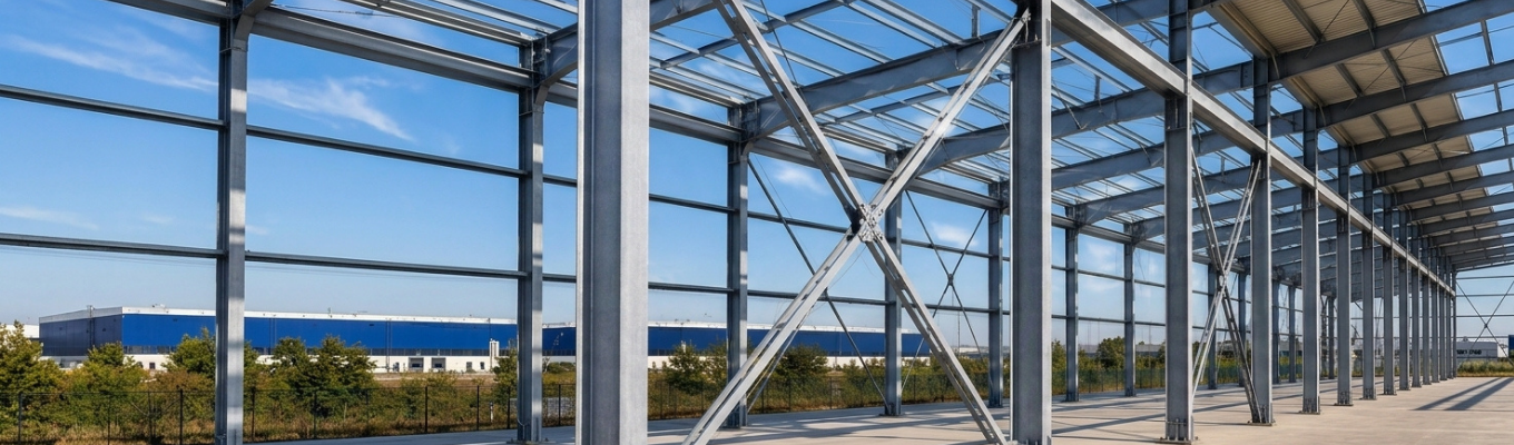 Estrutura metálica de aço com pilares, vigas e contraventamentos em galpão industrial em construção.
