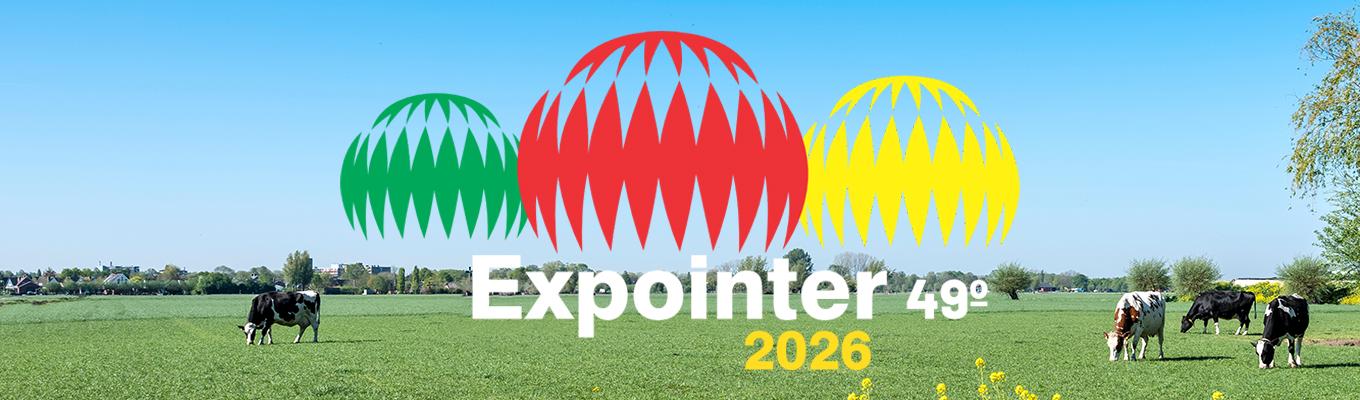 Banner da Expointer 2026 com bovinos em área de pastagem e destaque para o evento do agronegócio.