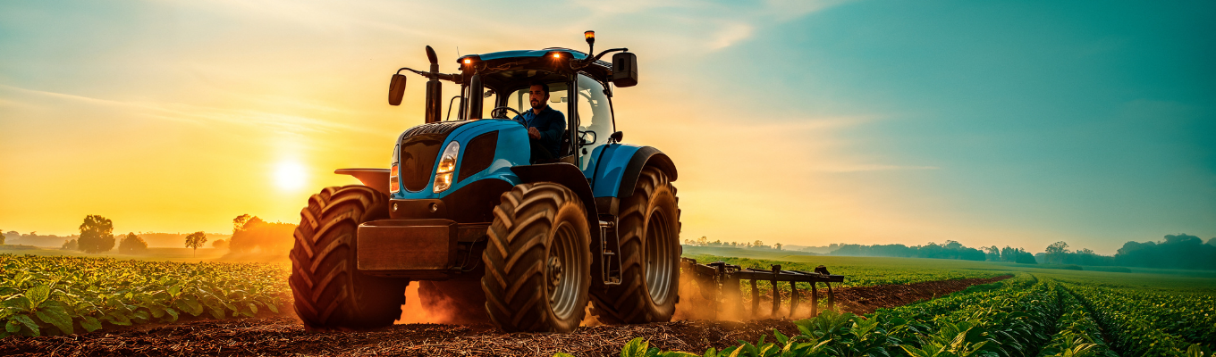 Trator agrícola trabalhando em plantação durante o pôr do sol, realizando atividades de preparo do solo em área rural.
