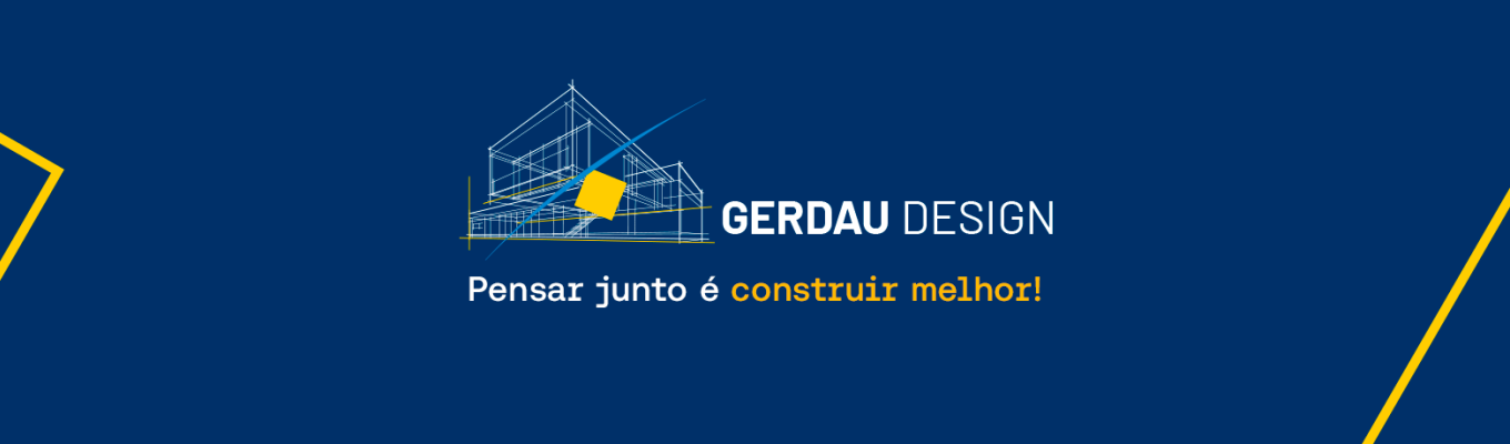 Banner da Gerdau Design com ilustração técnica de projeto arquitetônico e a mensagem “Pensar junto é construir melhor!”.