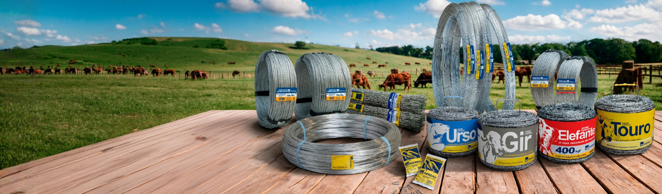 Produtos Gerdau de arame e cercamento rural dispostos em mesa de madeira, com pastagem e rebanho bovino ao fundo.