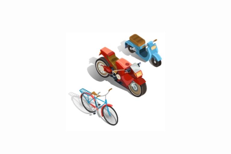 Imagem com três veículos de duas rodas: uma bicicleta azul com cesta traseira, uma motocicleta vermelha de design quadrado e uma scooter azul com assento marrom.