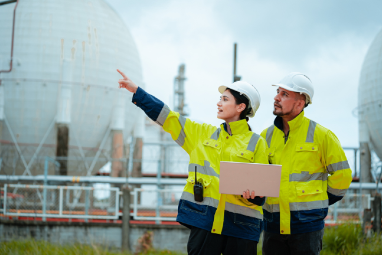 Dois profissionais com capacetes e coletes de segurança analisando uma área industrial com grandes tanques esféricos ao fundo, um deles segurando um laptop e apontando para a estrutura.