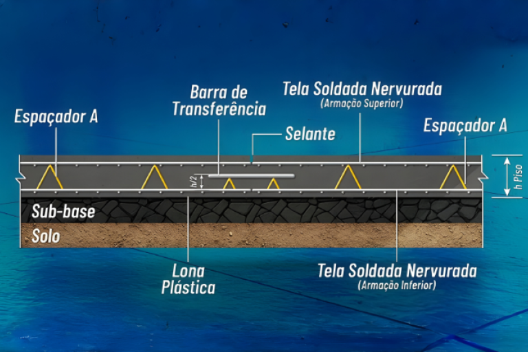 Banner do simulador de pisos Gerdau com ilustração em corte mostrando camadas do piso: solo, sub-base, lona plástica, telas soldadas nervuradas, espaçadores, barra de transferência e selante.
