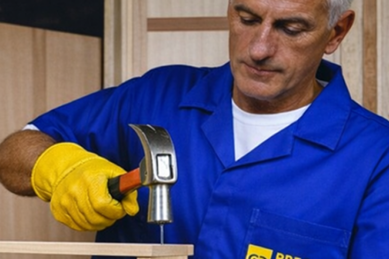 Pessoa utilizando martelo para fixar peças de madeira em um ambiente de marcenaria, vestindo uniforme azul e luvas amarelas.