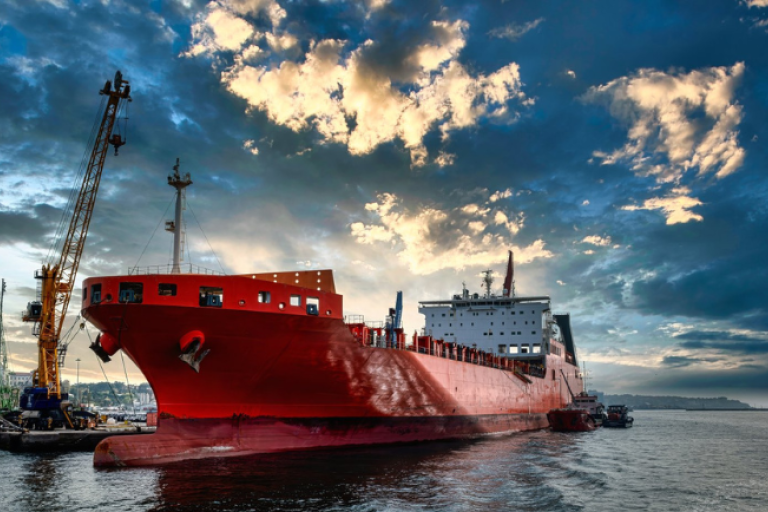 Navio de carga vermelho em estaleiro com guindastes e estrutura industrial ao fundo