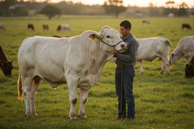 Produtor rural conduzindo um bovino em área de pastagem.