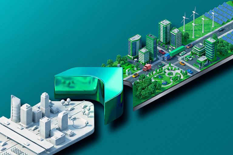 Ilustração de cidade sustentável com edifícios, áreas verdes, energia renovável e soluções em aço Gerdau NewEco.