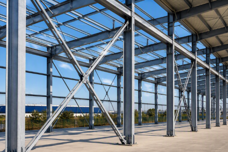 Estrutura metálica de aço com pilares, vigas e contraventamentos em galpão industrial em construção.
