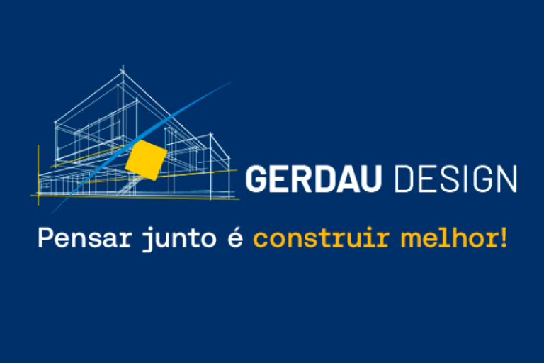 Banner da Gerdau Design com ilustração técnica de projeto arquitetônico e a mensagem “Pensar junto é construir melhor!”.