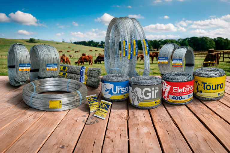 Produtos Gerdau de arame e cercamento rural dispostos em mesa de madeira, com pastagem e rebanho bovino ao fundo.
