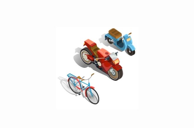 Imagem com três veículos de duas rodas: uma bicicleta azul com cesta traseira, uma motocicleta vermelha de design quadrado e uma scooter azul com assento marrom.