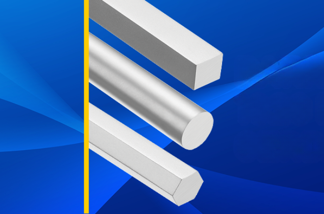 Imagem com fundo azul e três barras de aço em diferentes formatos (redonda, quadrada e sextavada).