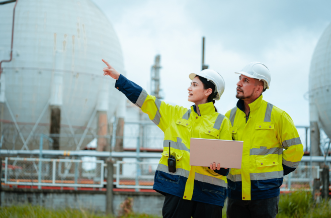 Dois profissionais com capacetes e coletes de segurança analisando uma área industrial com grandes tanques esféricos ao fundo, um deles segurando um laptop e apontando para a estrutura.