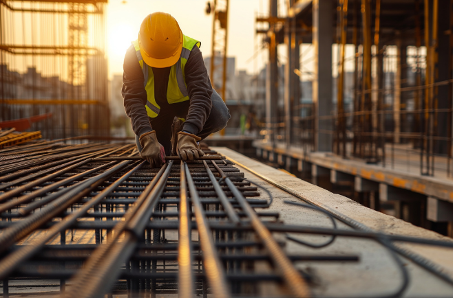 Trabalhador de construção ajustando vergalhões sobre uma laje, com capacete e colete de segurança, ao pôr do sol.