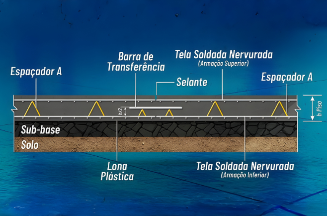 Banner do simulador de pisos Gerdau com ilustração em corte mostrando camadas do piso: solo, sub-base, lona plástica, telas soldadas nervuradas, espaçadores, barra de transferência e selante.