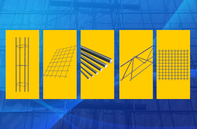 Banner com fundo azul mostrando cinco produtos de construção em destaque sobre fundos amarelos: coluna pronta, tela soldada, barras de aço, treliça e tela soldada nervurada.