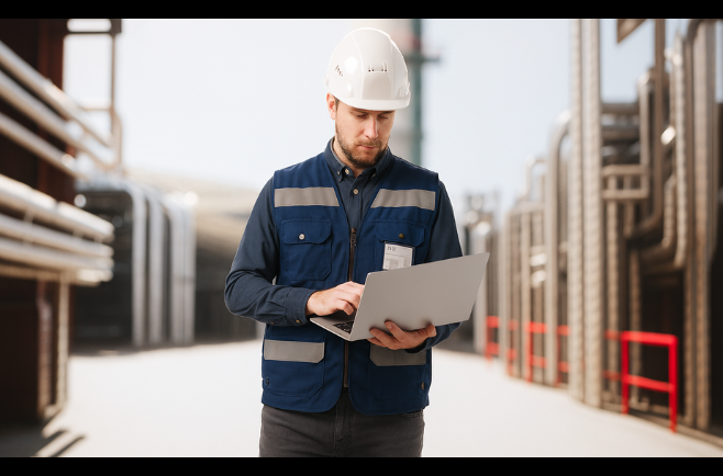 Profissional em ambiente industrial usando capacete e colete azul escuro, operando um notebook entre estruturas metálicas.
