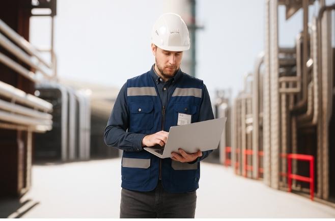 Profissional em ambiente industrial usando capacete e colete azul escuro, operando um notebook entre estruturas metálicas.
