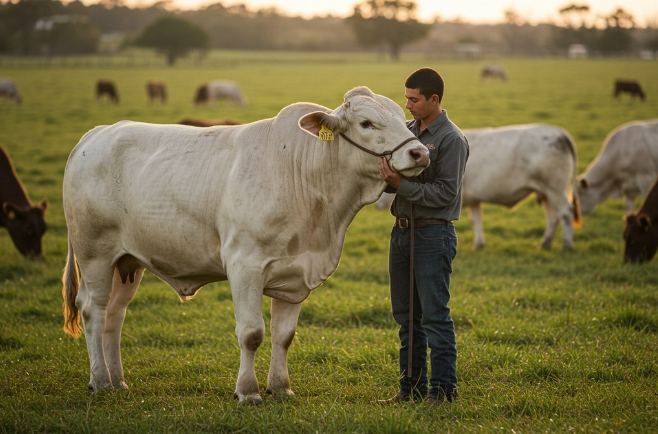 Produtor rural conduzindo um bovino em área de pastagem.