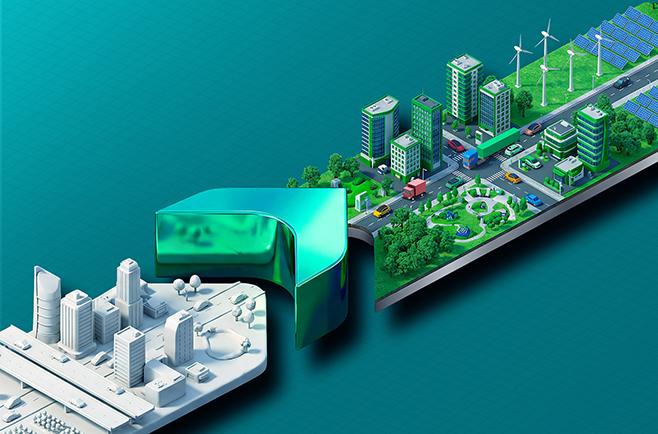 Ilustração de cidade sustentável com edifícios, áreas verdes, energia renovável e soluções em aço Gerdau NewEco.