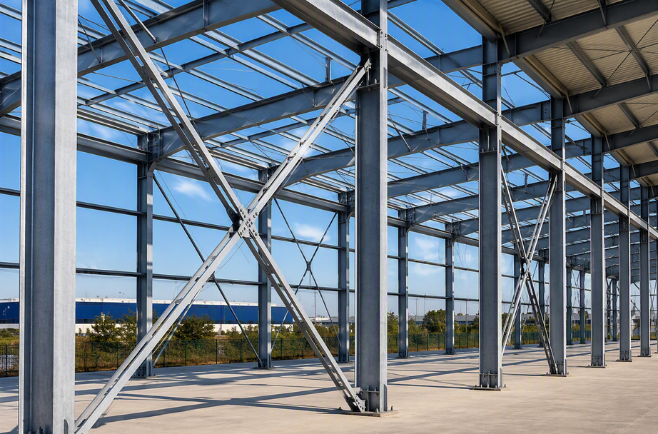 Estrutura metálica de aço com pilares, vigas e contraventamentos em galpão industrial em construção.