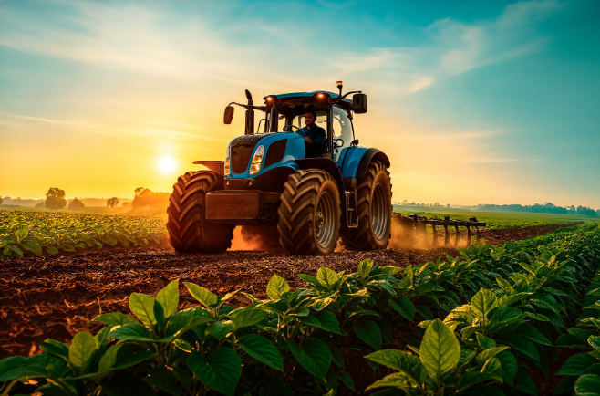 Trator agrícola trabalhando em plantação durante o pôr do sol, realizando atividades de preparo do solo em área rural.