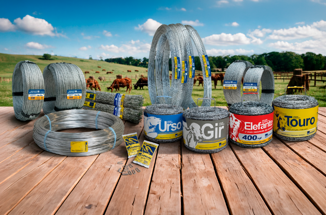 Produtos Gerdau de arame e cercamento rural dispostos em mesa de madeira, com pastagem e rebanho bovino ao fundo.