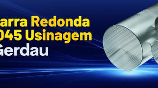 Imagem com fundo azul mostrando três barras redondas metálicas à direita. À esquerda, texto em amarelo e branco: 'Barra Redonda 1045 Usinagem Gerdau'.