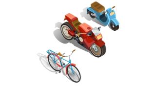 Imagem com três veículos de duas rodas: uma bicicleta azul com cesta traseira, uma motocicleta vermelha de design quadrado e uma scooter azul com assento marrom.