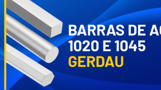 Imagem com fundo azul e três barras de aço em diferentes formatos (redonda, quadrada e sextavada) à esquerda. À direita, texto em branco e amarelo: “Barras de Aço 1020 e 1045 Gerdau”.