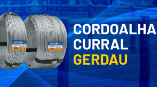 Dois rolos de cordoalha de aço Gerdau sobre fundo azul, com cercas de curral ao fundo e texto ‘Cordoalha Curral Gerdau’ em destaque.