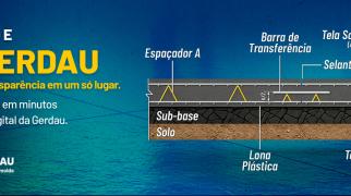 Banner do simulador de pisos Gerdau com ilustração em corte mostrando camadas do piso: solo, sub-base, lona plástica, telas soldadas nervuradas, espaçadores, barra de transferência e selante.