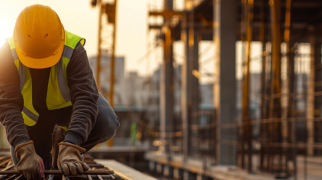Trabalhador de construção ajustando vergalhões sobre uma laje, com capacete e colete de segurança, ao pôr do sol.