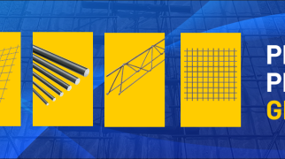 Banner com fundo azul mostrando cinco produtos de construção em destaque sobre fundos amarelos: coluna pronta, tela soldada, barras de aço, treliça e tela soldada nervurada. À direita, o texto ‘Produtos Prontos Gerdau’.