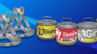 Banner com rolos de arame liso e arame farpado, exibindo embalagens das marcas Touro, Elefante, Gir e Urso sobre fundo azul.