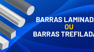 Banner com barras redondas e quadradas em destaque, sobre fundo azul, com o texto “Barras laminadas ou barras trefiladas?”